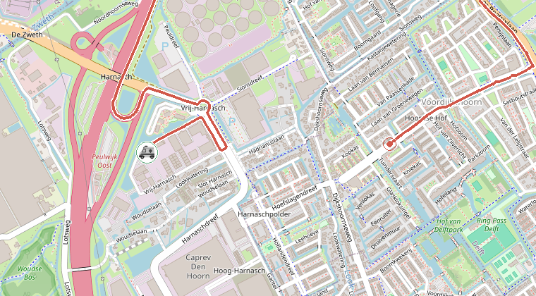 Kaart van de omgeving van de melding, met de kazerne die is gealarmeerd