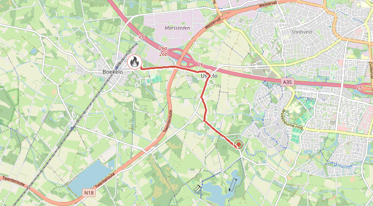 Kaart van de omgeving van de melding, met de kazerne die is gealarmeerd