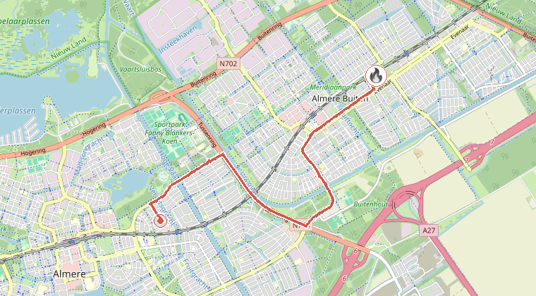 Kaart van de omgeving van de melding, met de kazerne die is gealarmeerd