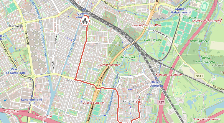 Kaart van de omgeving van de melding, met de kazerne die is gealarmeerd