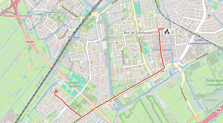 Kaart van de omgeving van de melding, met de kazerne die is gealarmeerd
