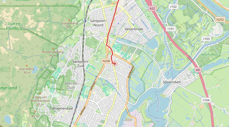 Kaart van de omgeving van de melding, met de kazerne die is gealarmeerd
