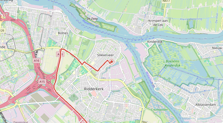 Kaart van de omgeving van de melding, met de kazerne die is gealarmeerd