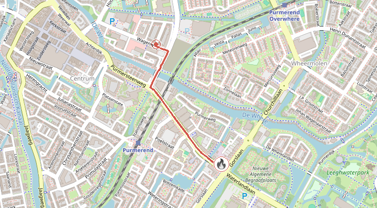Kaart van de omgeving van de melding, met de kazerne die is gealarmeerd