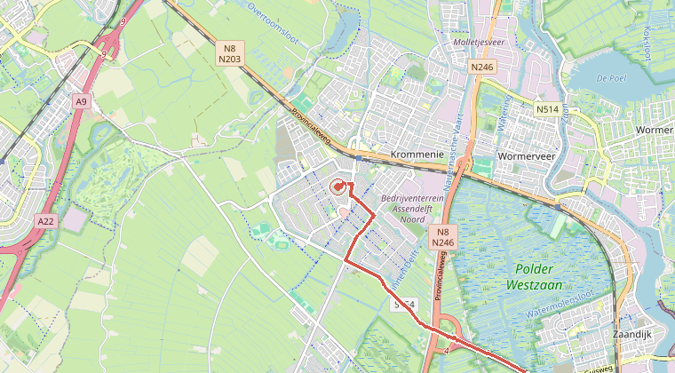 Kaart van de omgeving van de melding, met de kazerne die is gealarmeerd