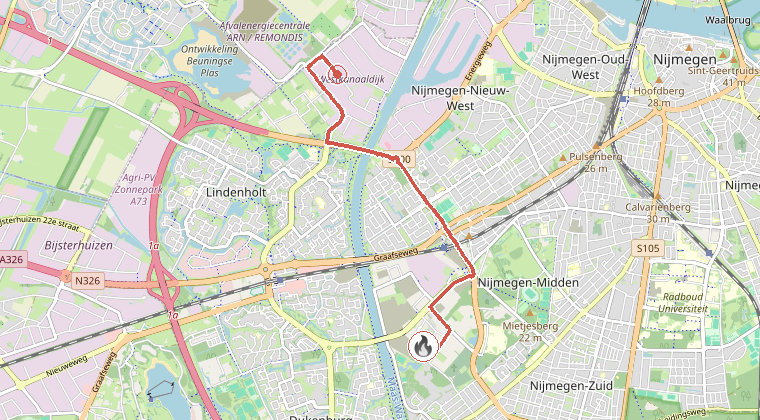 Kaart van de omgeving van de melding, met de kazerne die is gealarmeerd