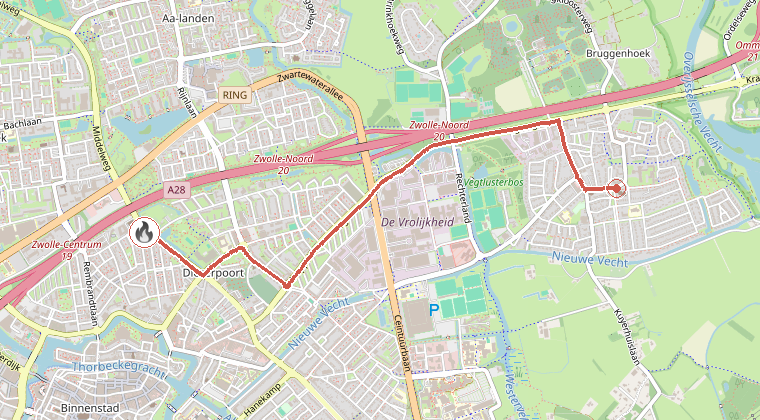 Kaart van de omgeving van de melding, met de kazerne die is gealarmeerd