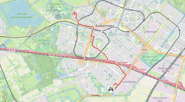 Kaart van de omgeving van de melding, met de kazerne die is gealarmeerd