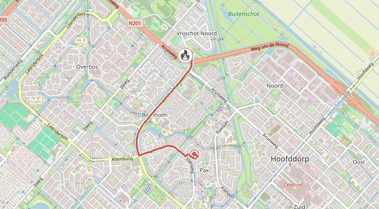 Kaart van de omgeving van de melding, met de kazerne die is gealarmeerd