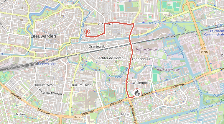 Kaart van de omgeving van de melding, met de kazerne die is gealarmeerd