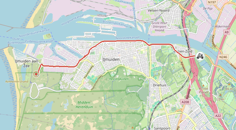 Kaart van de omgeving van de melding, met de kazerne die is gealarmeerd