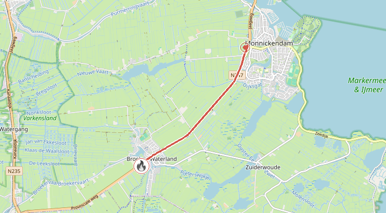 Kaart van de omgeving van de melding, met de kazerne die is gealarmeerd