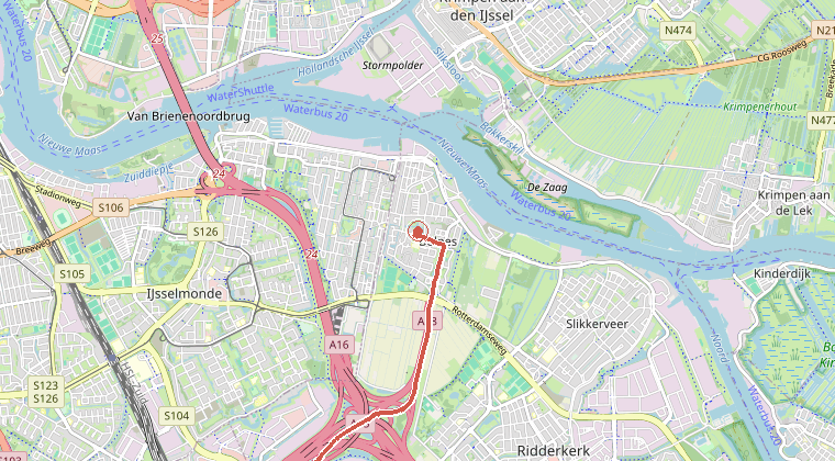 Kaart van de omgeving van de melding, met de kazerne die is gealarmeerd