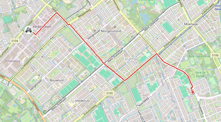 Kaart van de omgeving van de melding, met de kazerne die is gealarmeerd