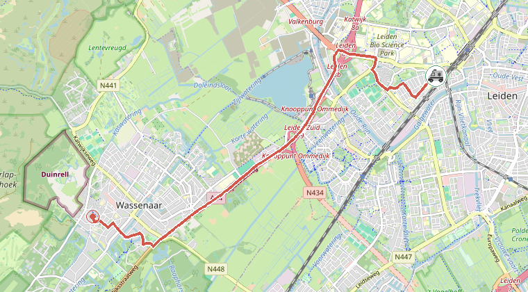 Kaart van de omgeving van de melding, met de kazerne die is gealarmeerd