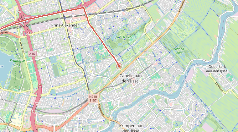Kaart van de omgeving van de melding, met de kazerne die is gealarmeerd