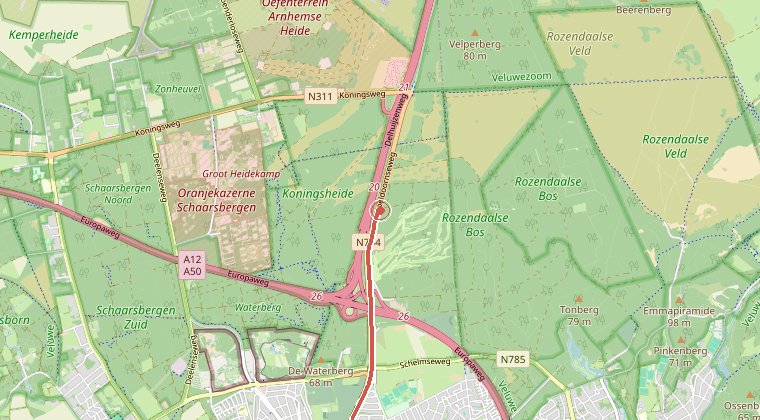 Kaart van de omgeving van de melding, met de kazerne die is gealarmeerd
