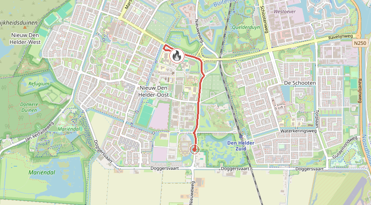 Kaart van de omgeving van de melding, met de kazerne die is gealarmeerd