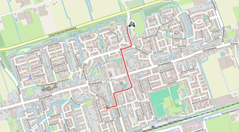 Kaart van de omgeving van de melding, met de kazerne die is gealarmeerd