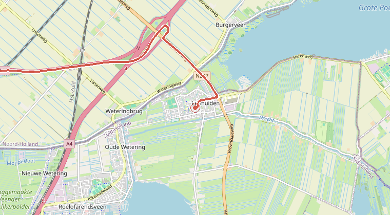 Kaart van de omgeving van de melding, met de kazerne die is gealarmeerd