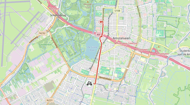 Kaart van de omgeving van de melding, met de kazerne die is gealarmeerd