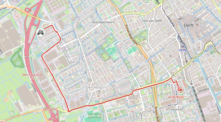 Kaart van de omgeving van de melding, met de kazerne die is gealarmeerd