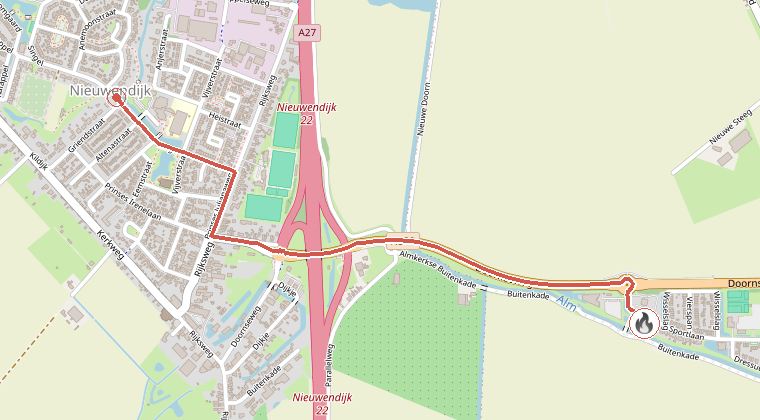 Kaart van de omgeving van de melding, met de kazerne die is gealarmeerd