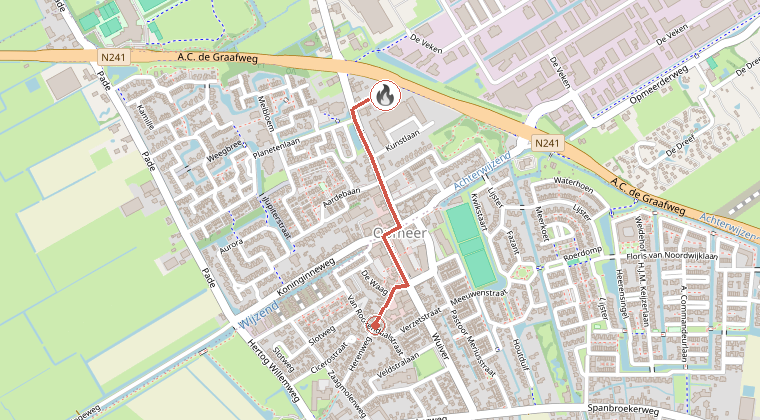 Kaart van de omgeving van de melding, met de kazerne die is gealarmeerd