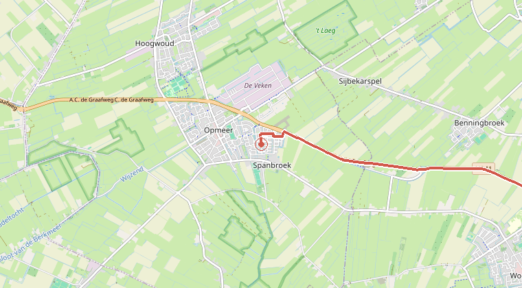 Kaart van de omgeving van de melding, met de kazerne die is gealarmeerd