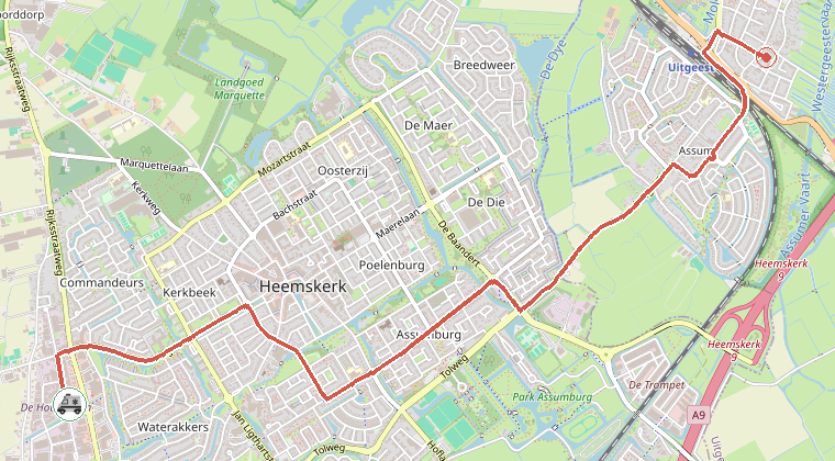 Kaart van de omgeving van de melding, met de kazerne die is gealarmeerd