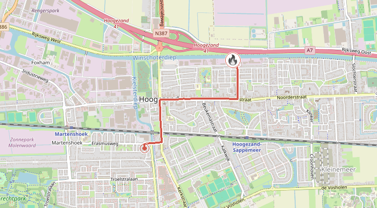 Kaart van de omgeving van de melding, met de kazerne die is gealarmeerd