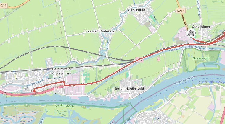 Kaart van de omgeving van de melding, met de kazerne die is gealarmeerd