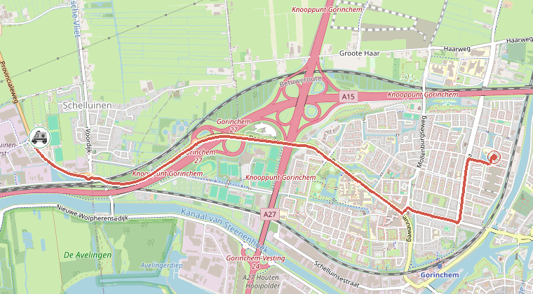 Kaart van de omgeving van de melding, met de kazerne die is gealarmeerd