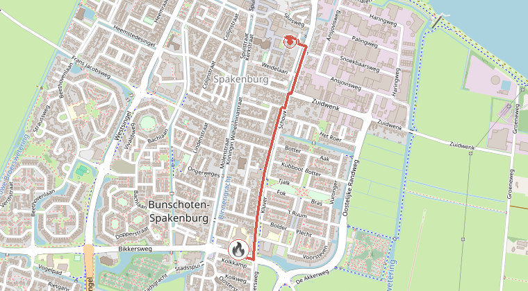 Kaart van de omgeving van de melding, met de kazerne die is gealarmeerd