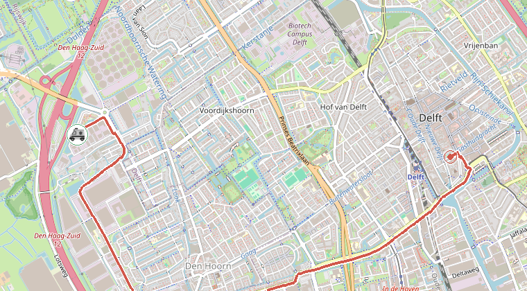 Kaart van de omgeving van de melding, met de kazerne die is gealarmeerd