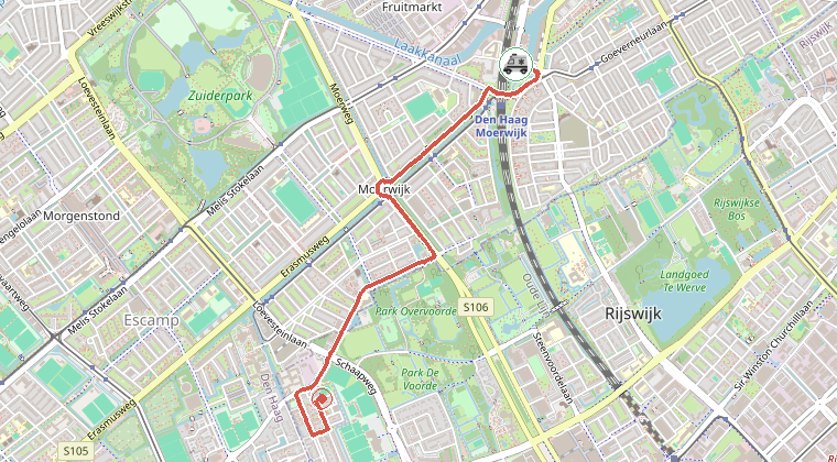 Kaart van de omgeving van de melding, met de kazerne die is gealarmeerd