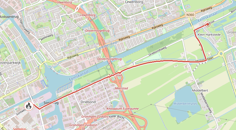 Kaart van de omgeving van de melding, met de kazerne die is gealarmeerd