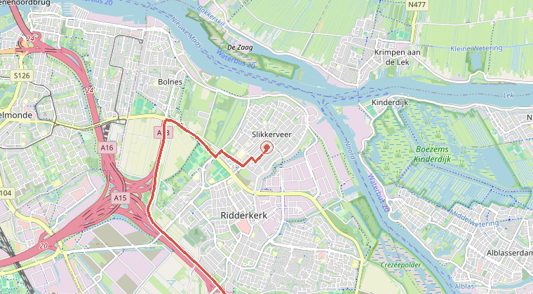 Kaart van de omgeving van de melding, met de kazerne die is gealarmeerd