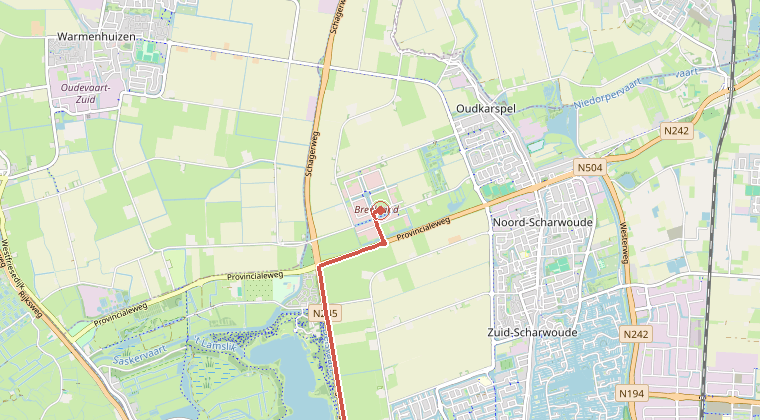 Kaart van de omgeving van de melding, met de kazerne die is gealarmeerd