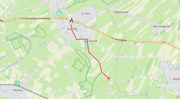 Kaart van de omgeving van de melding, met de kazerne die is gealarmeerd