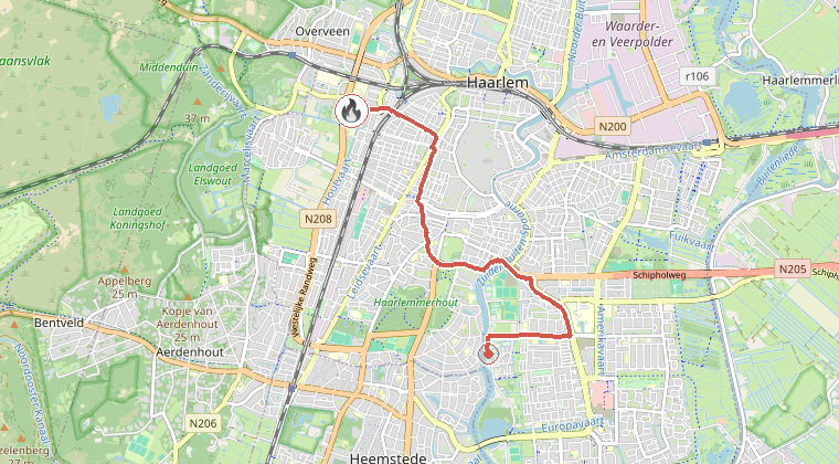 Kaart van de omgeving van de melding, met de kazerne die is gealarmeerd