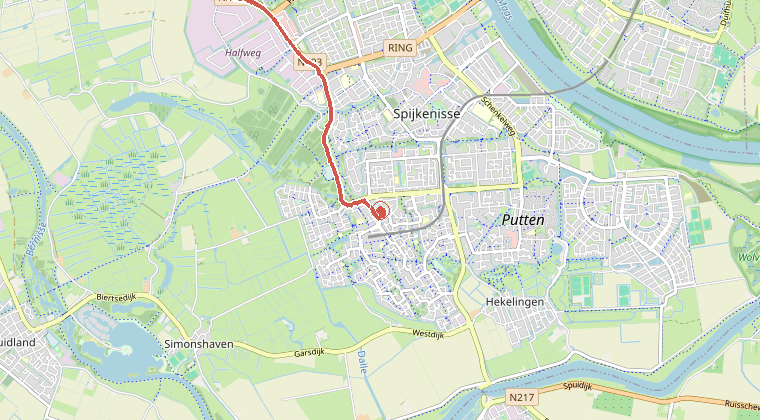 Kaart van de omgeving van de melding, met de kazerne die is gealarmeerd