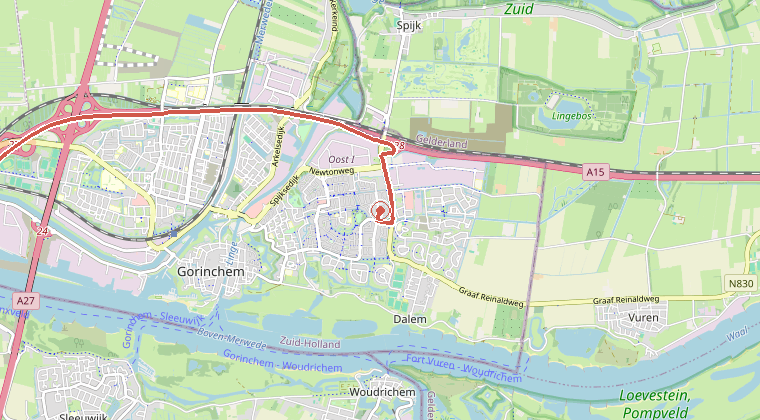 Kaart van de omgeving van de melding, met de kazerne die is gealarmeerd