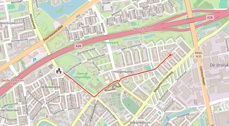 Kaart van de omgeving van de melding, met de kazerne die is gealarmeerd