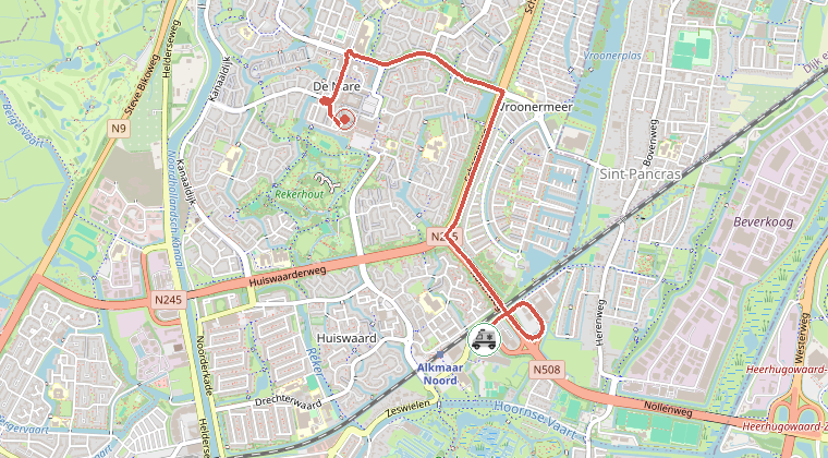 Kaart van de omgeving van de melding, met de kazerne die is gealarmeerd