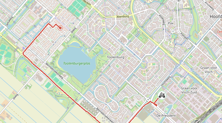 Kaart van de omgeving van de melding, met de kazerne die is gealarmeerd