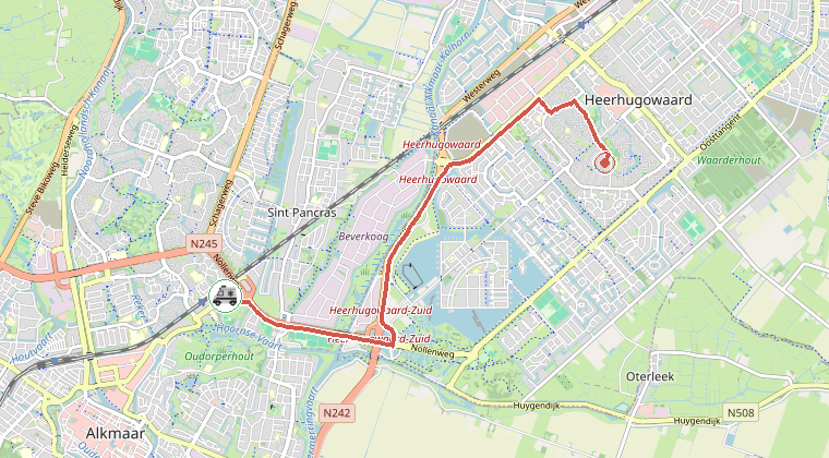 Kaart van de omgeving van de melding, met de kazerne die is gealarmeerd