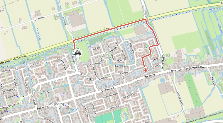 Kaart van de omgeving van de melding, met de kazerne die is gealarmeerd