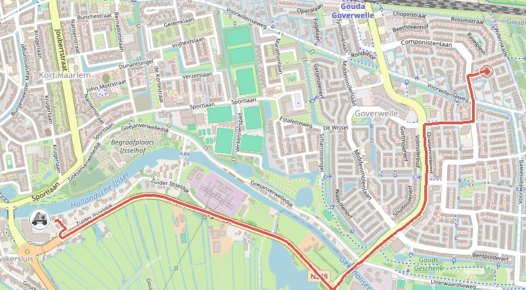 Kaart van de omgeving van de melding, met de kazerne die is gealarmeerd