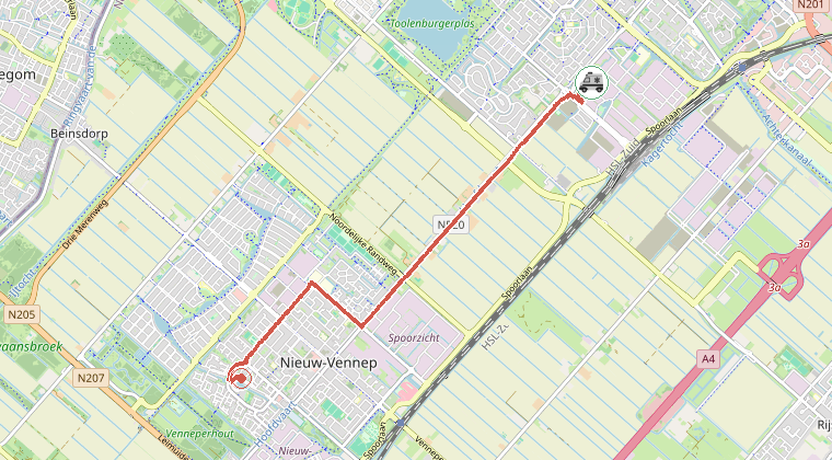 Kaart van de omgeving van de melding, met de kazerne die is gealarmeerd
